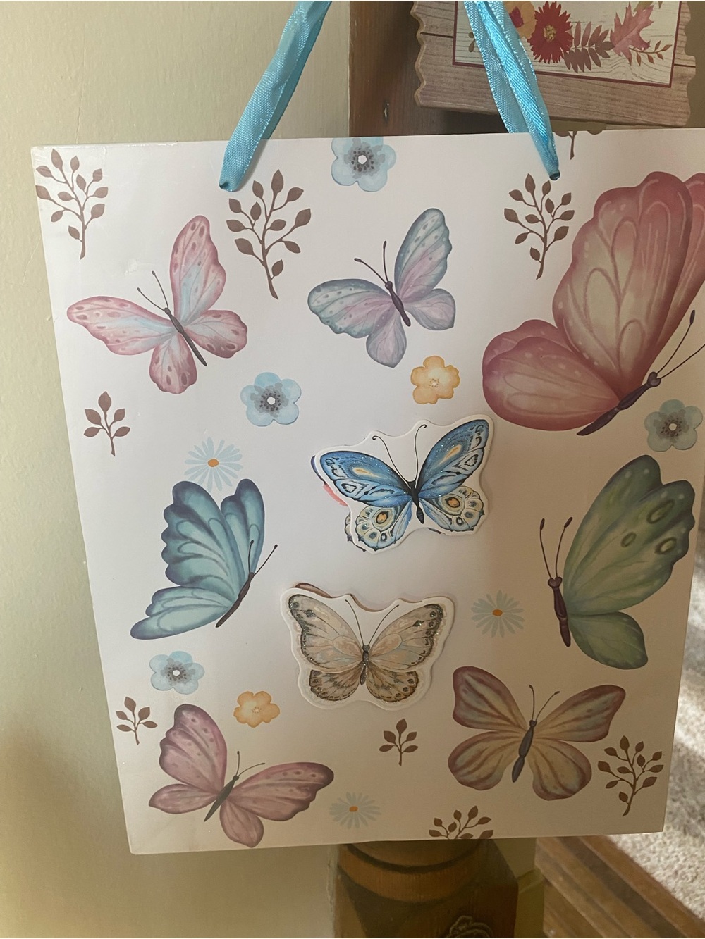 Butterfly Print Gift Bag with Blue Ribbon Handle